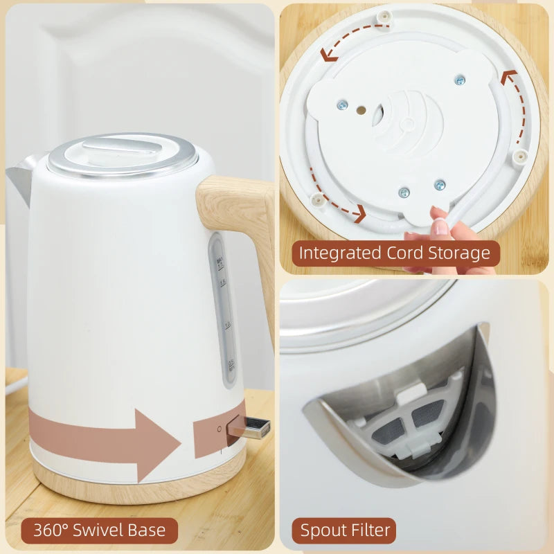 Stainless Steel Kettle & Toaster Set - 1.7L Fast Boil Kettle 3000W & 2 Slice Toaster with 7 Browning Levels, White