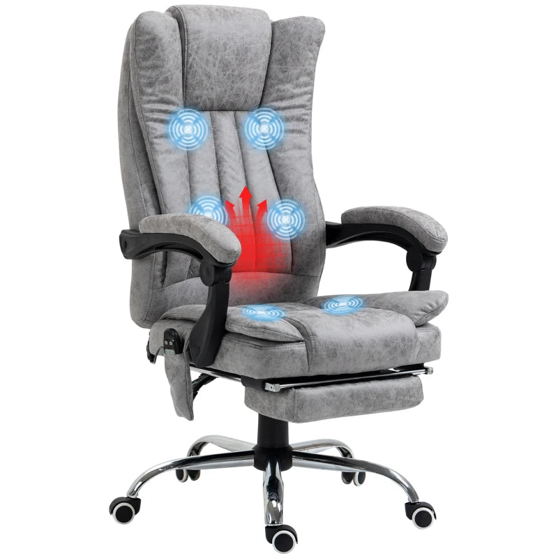 Vinsetto Grey Office Chair with Massage & Heat, Reclining Microfibre Desk Chair with Footrest, Adjustable Height & Swivel Wheels