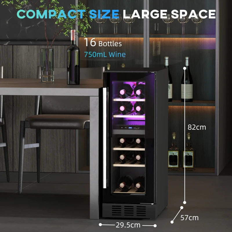 16 Bottle Dual Zone Wine Fridge - Black | Adjustable Temperature 5-18°C | Perfect for Wine Lovers & Collectors