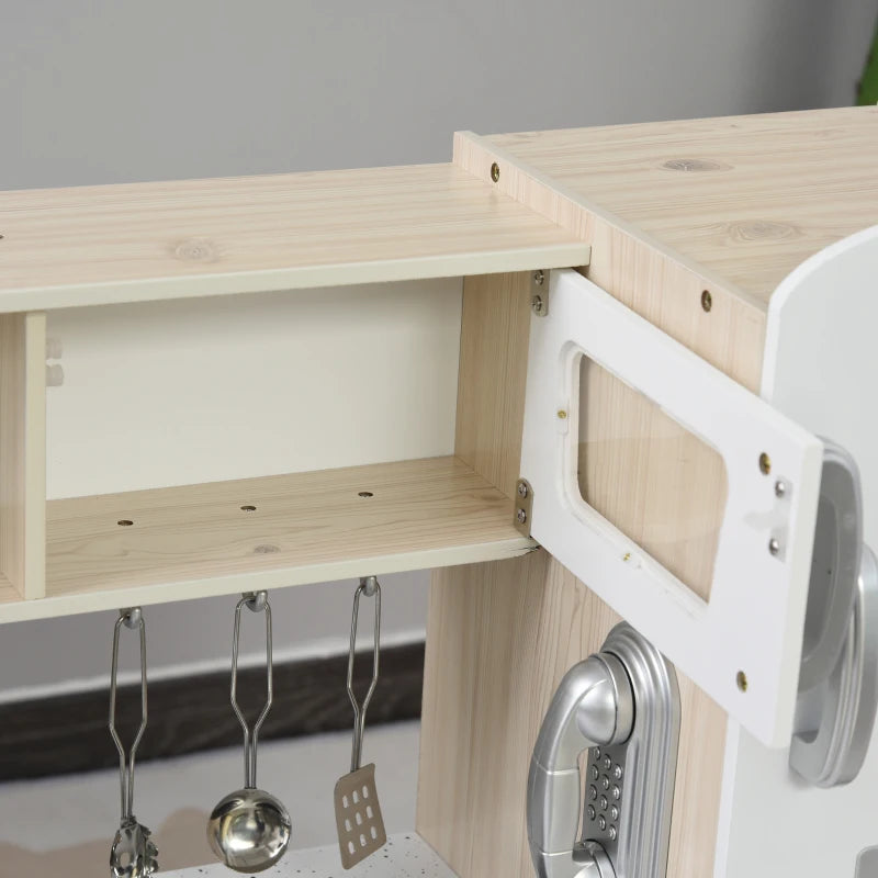 Kids Wooden Pretend Play Kitchen Cooking Set with Phone - Role Play Toy for Boys and Girls - White