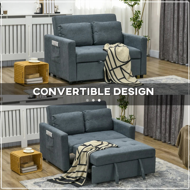 Charcoal Grey Loveseat Sofa Bed with Cushions and Side Pockets for Living Room