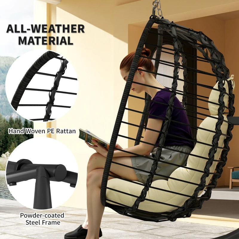 Rattan Hanging Egg Chair with Cushion, Adjustable Height, Steel Frame for Indoor Outdoor Use