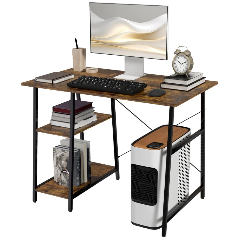 100cm Industrial Computer Desk with Storage - Rustic Brown Home Office Table, 2 Tier Shelves & Steel Frame for Study Room