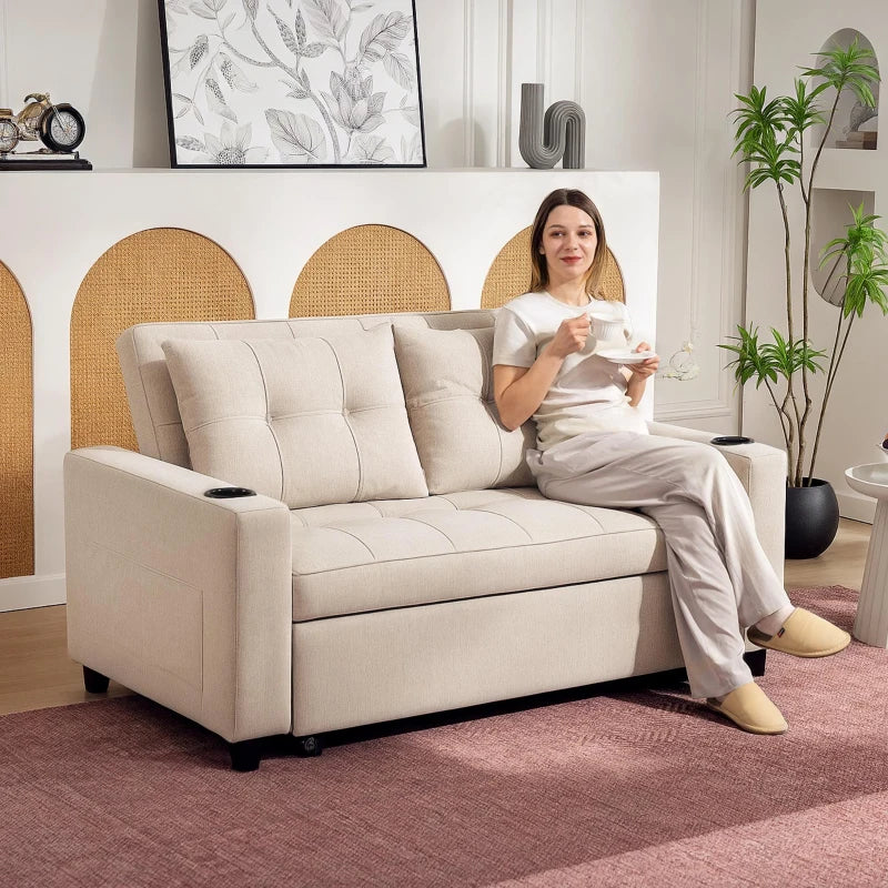 Beige Two-Seater Pull-Out Sofa Bed for Small Spaces