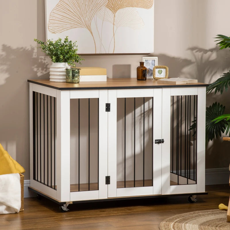 Stylish Dog Crate Furniture with Wheels - Large Dog Cage End Table, 106 x 60 x 82 cm, White Finish