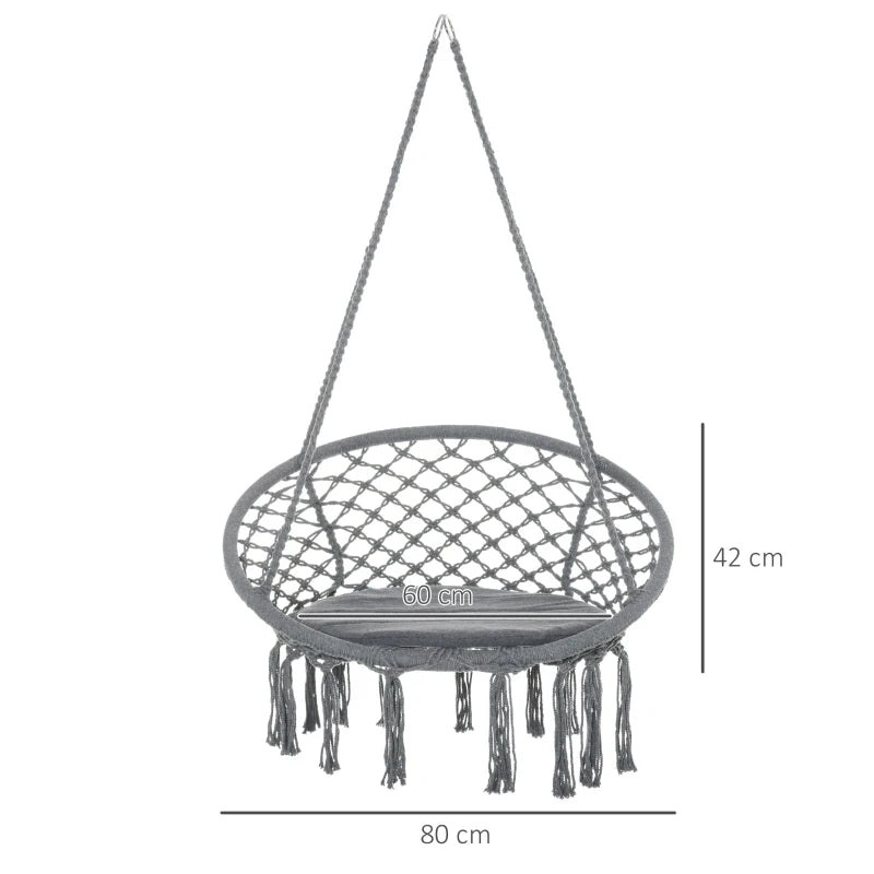 Grey Macrame Hanging Rope Chair with Cushion for Outdoor Patio