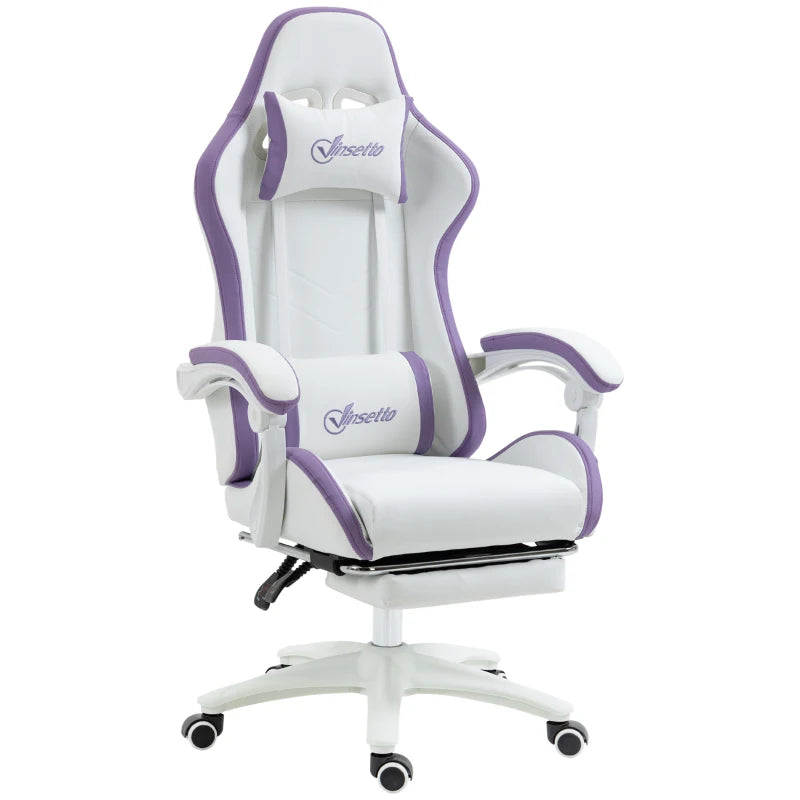 Vinsetto White and Purple Gaming Chair - PU Leather Office Desk Chair with Footrest, 135° Recline, Lumbar Support & Headrest