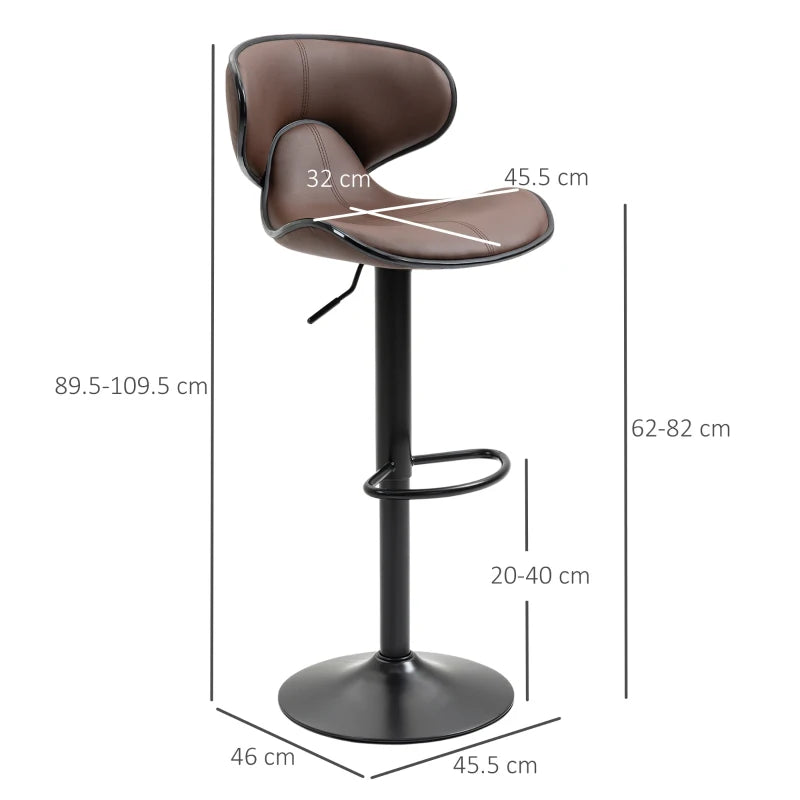 Adjustable Brown Breakfast Bar Stools Set of 2 with Curved Back 62-82cm for Kitchen, Bar, Cafe