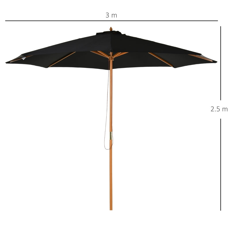 Black 3m Wooden Patio Umbrella with Pulley Mechanism