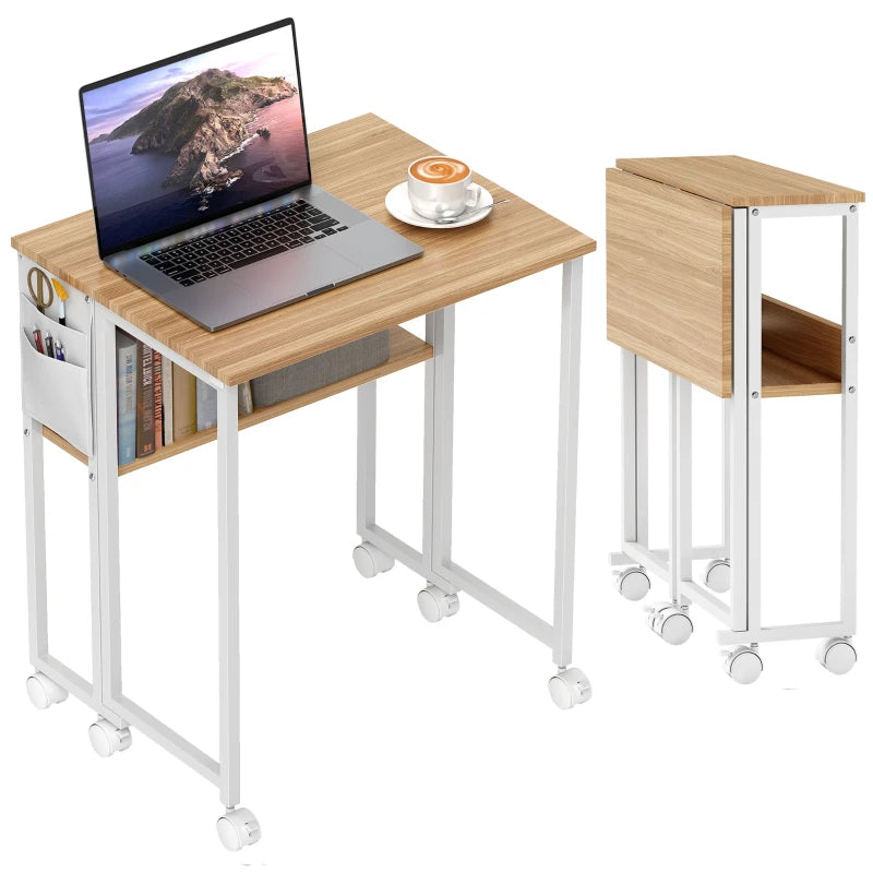 63 cm Drop Leaf Writing Desk - Natural Wood Finish, Compact Home Office Table, Space-Saving Design for Small Rooms