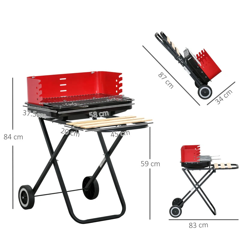 Portable Charcoal BBQ Grill with Windshield and Side Trays, Black/Red