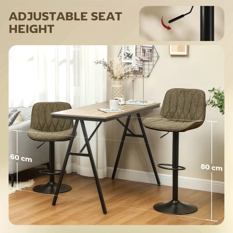 Set of 2 Stylish Brown Linen-Look Bar Stools - Modern Design for Kitchen & Dining - Comfortable Seating
