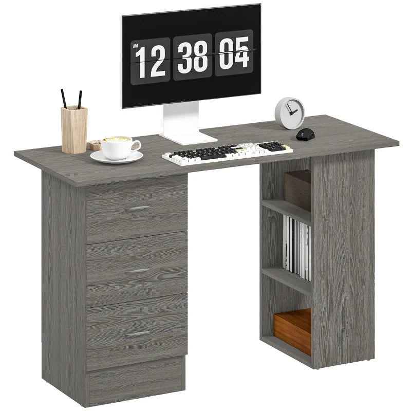 Modern Grey Computer Desk with 3 Storage Shelves & Drawers, Stylish Writing Table for Home Office, Silver Handle Workstation