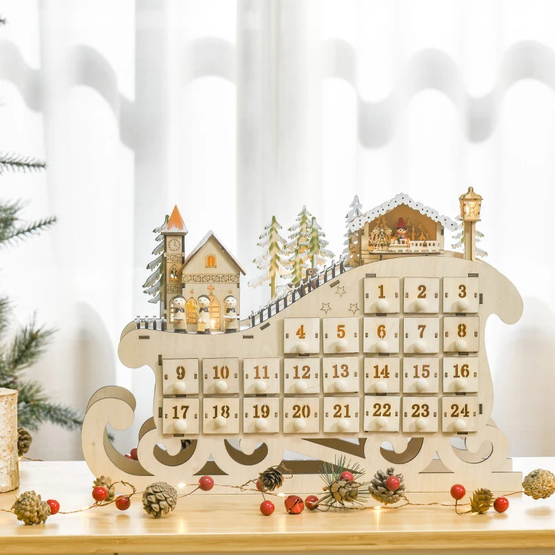 2021 Light Up Christmas Advent Calendar - Wooden Sleigh Holiday Decoration with Countdown Drawers for Kids & Adults - Natural Wood