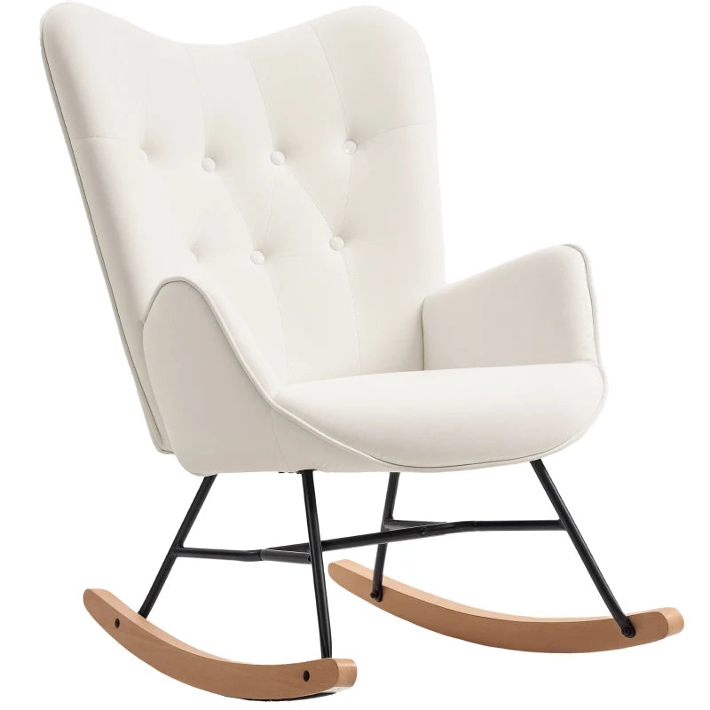 Modern Velvet Rocking Chair with Solid Wood Legs and Metal Frame for Living Room and Bedroom, Cream