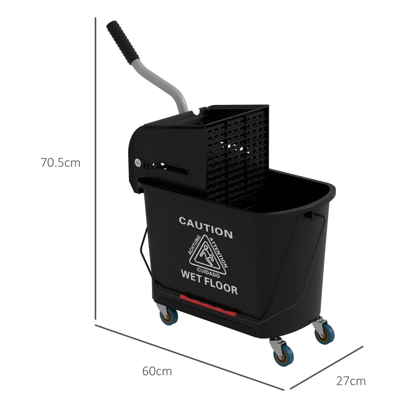20L Compact Mop Bucket on Wheels with Water Separation Panel - Durable Black Cleaning Solution for Efficient Floor Care