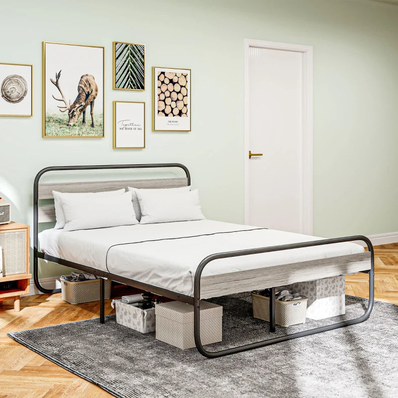 Industrial Style 4ft6 Double Bed Frame - Metal Platform with Under Bed Storage, No Box Spring Required, Easy Assembly, Grey
