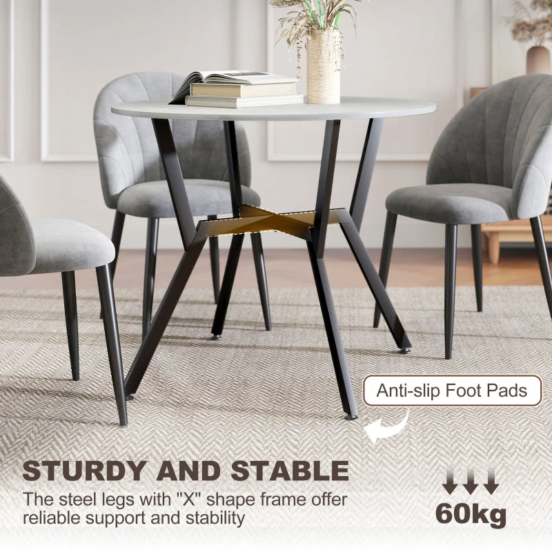 Round Grey Dining Table with Black Legs - 90 x 76 cm Kitchen Table with Anti-Slip Foot Pads for Living Room