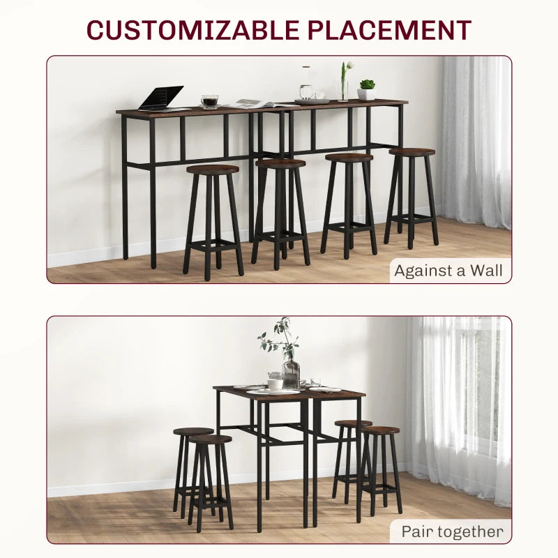 6-Piece Rustic Brown Bar Table Set - Space-Saving Counter Height Dining Set with 2 Tables & 4 Stools for Small Spaces