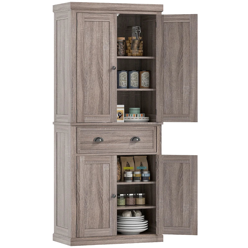 Freestanding 184cm Tall Kitchen Cupboard - Traditional Colonial 4-Door Pantry Storage Cabinet with Drawer, Dark Wood Grain Finish