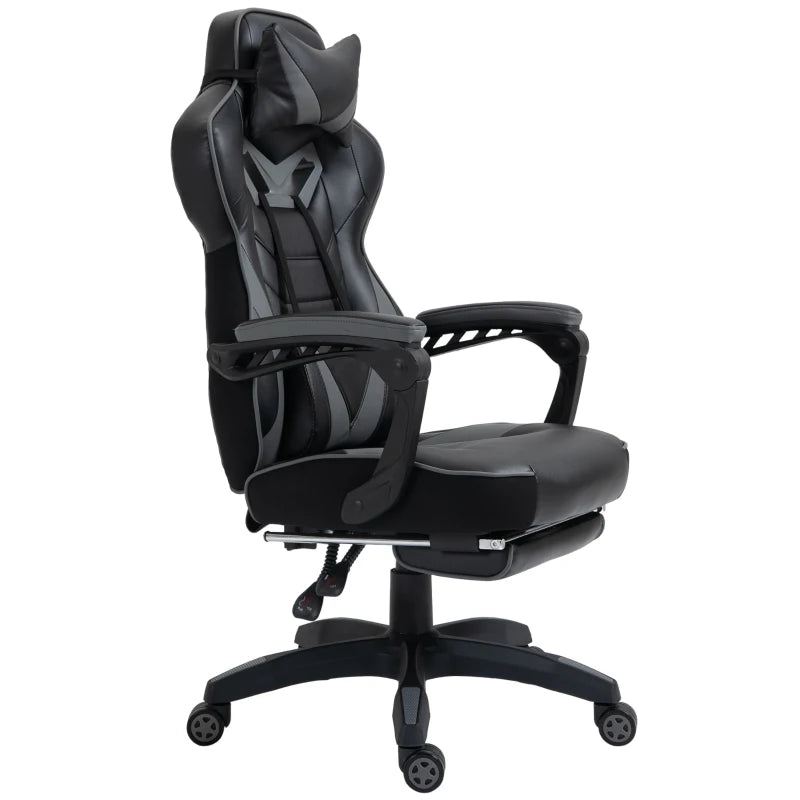 Vinsetto Grey Gaming Chair with Lumbar Support & Footrest - PU Leather Racing Desk Chair with Headrest & Swivel Wheels