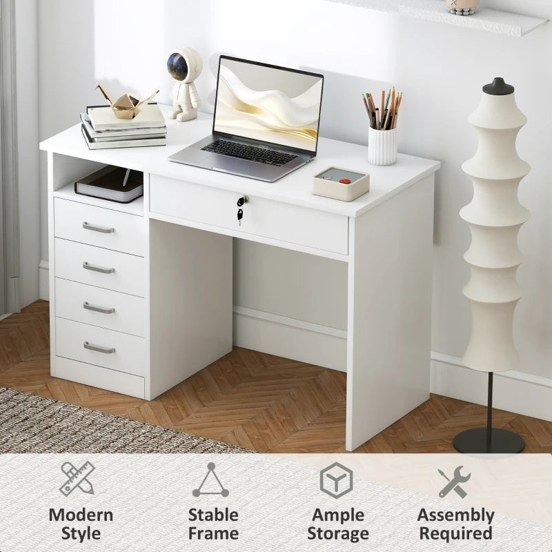 Modern Home Office Computer Desk with Lockable Drawer and Storage Shelf for Study or Bedroom 110x50x76 cm White