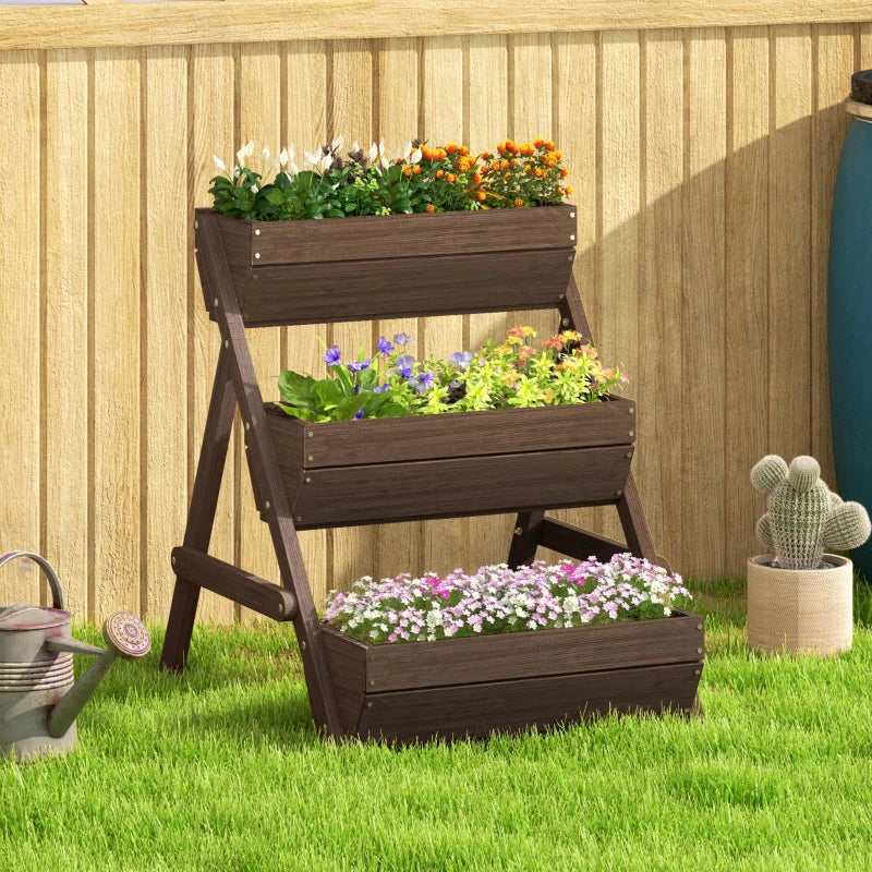 3 Tier Wooden Elevated Planter Box Kit - 66L for Flowers, Vegetables, Herbs - Tan - 65x75x78cm