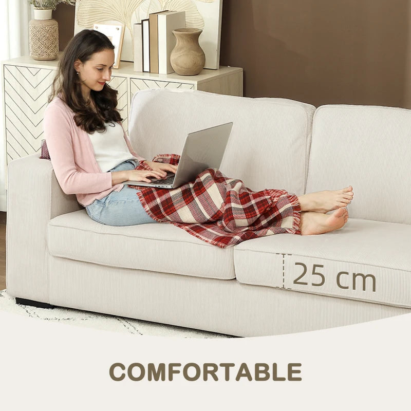 Three-Seater Corduroy Sofa in Cream White for Stylish Living Room Comfort