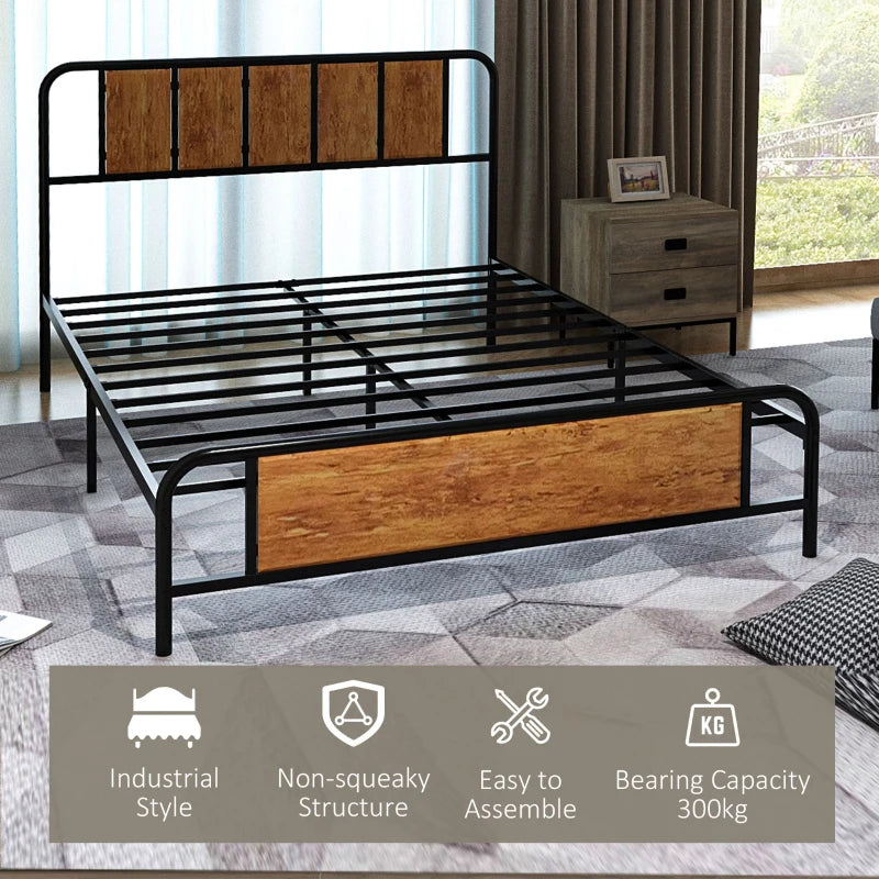4.8ft Double Bed Frame with Industrial Wood Headboard & Steel Slat Support, 25.5cm Underbed Storage, Rustic Brown, 145x199cm