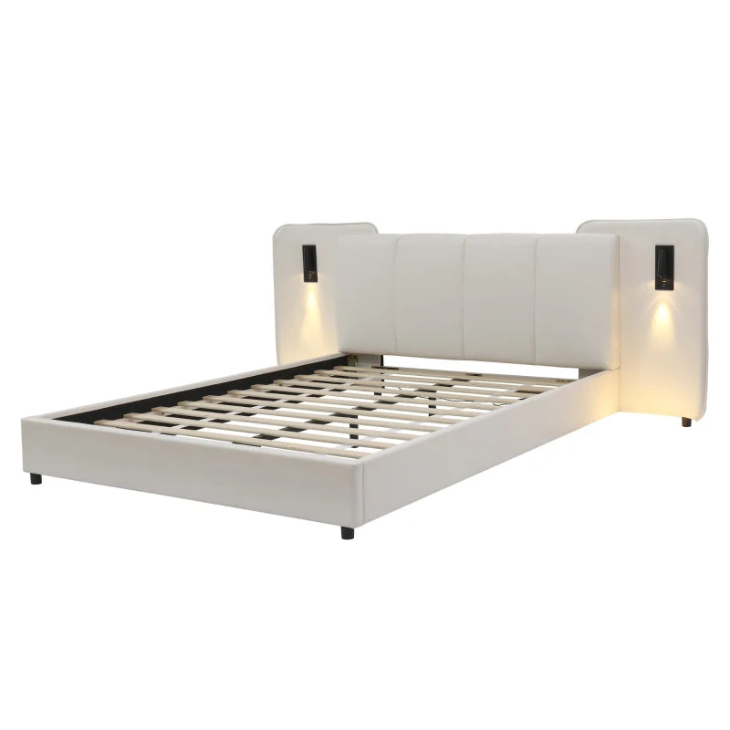Upholstered Double Bed with Charging Port & Lighting, Impact-Resistant Headboard, 209x221x86.5 cm, Beige - Modern Bedroom Furniture