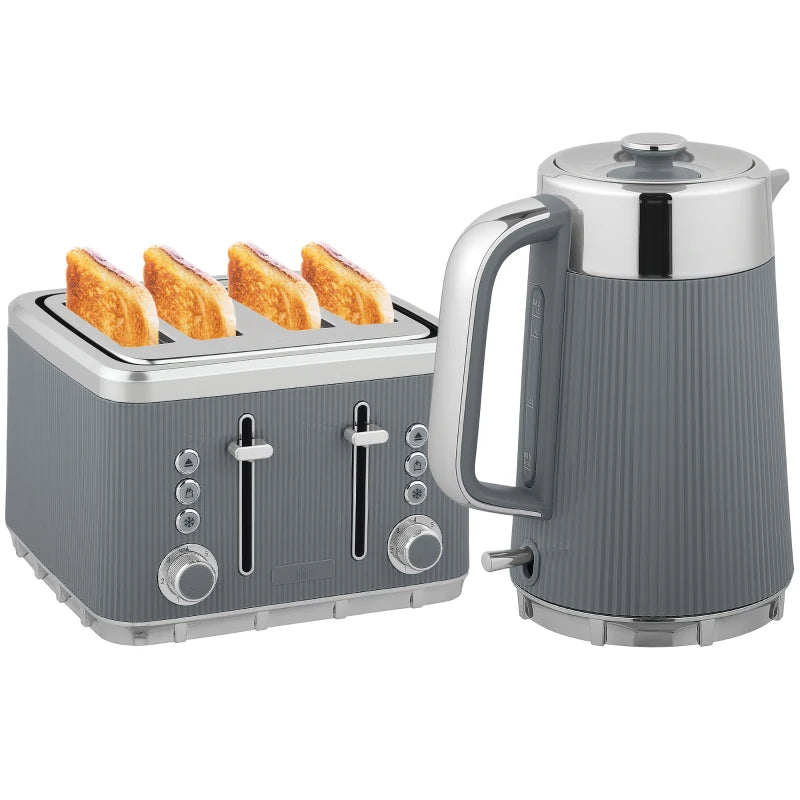 Electric Stainless Steel Kettle & Toaster Set - 3000W Fast Boil 1.7L Kettle with Strix Thermostat & 4 Slice Toaster, Grey