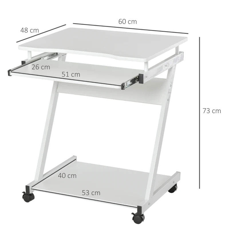 Movable White Computer Desk with 4 Wheels & Sliding Keyboard Tray - Ideal Home Office Workstation