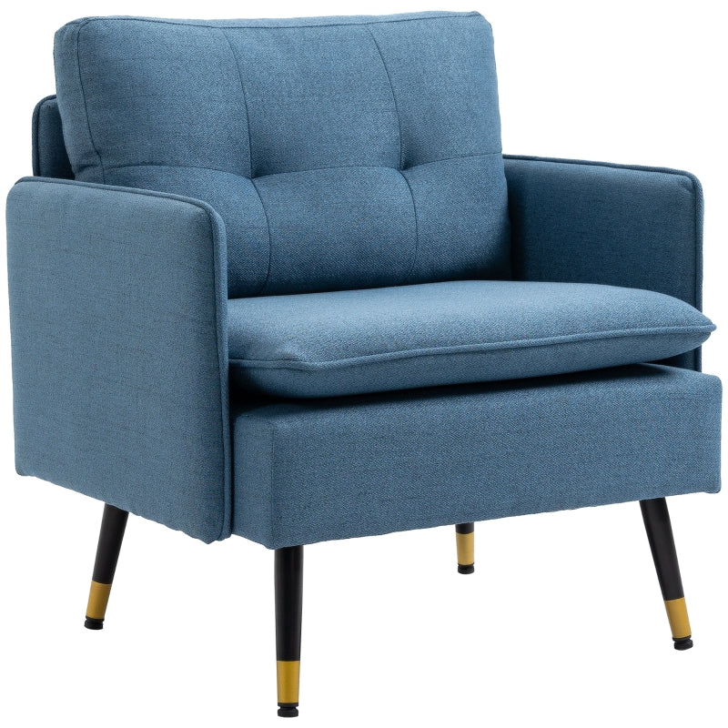 Modern Button Tufted Armchair with Cushions and Steel Legs - Dark Blue Accent Chair for Living Room or Guest Room
