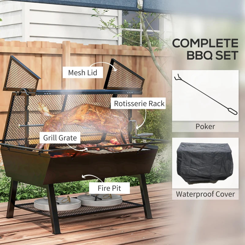 3-in-1 BBQ Grill, Rotisserie Roaster, Fire Pit Set with Cover - Black
