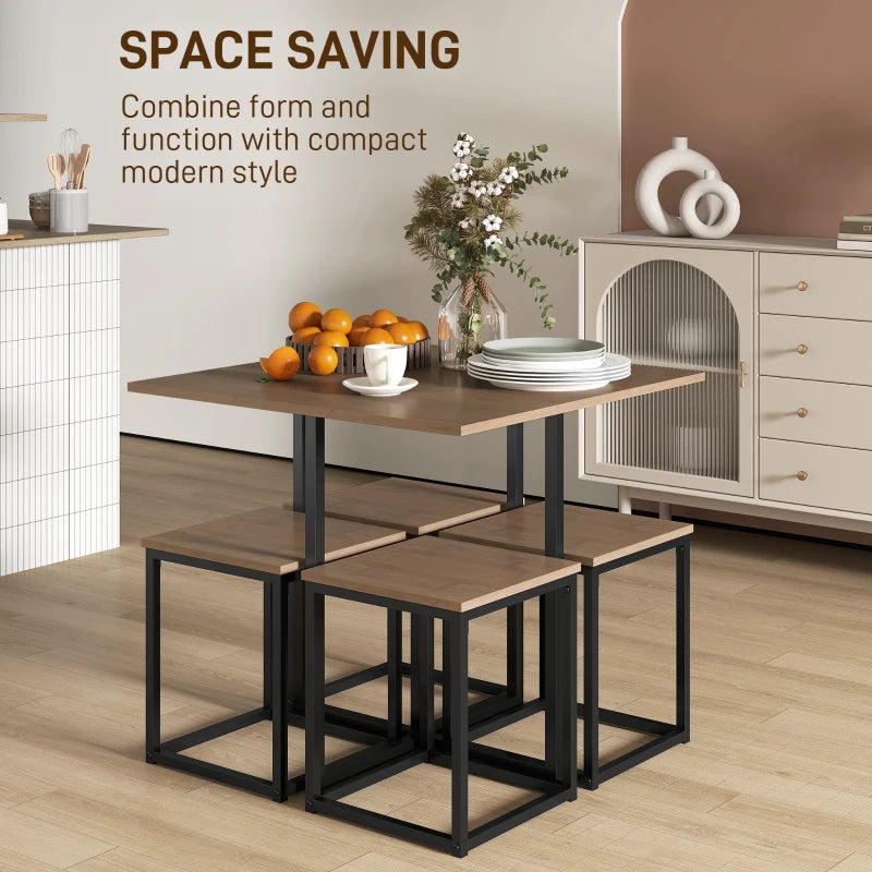5-Piece Industrial Dining Table & Chairs Set - Space-Saving Metal Frame Square Kitchen Table & Stools - Brown Finish