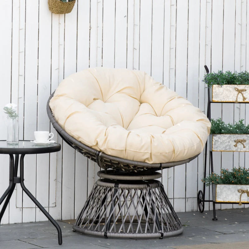 Beige Swivel Rattan Outdoor Moon Chair with Cushion