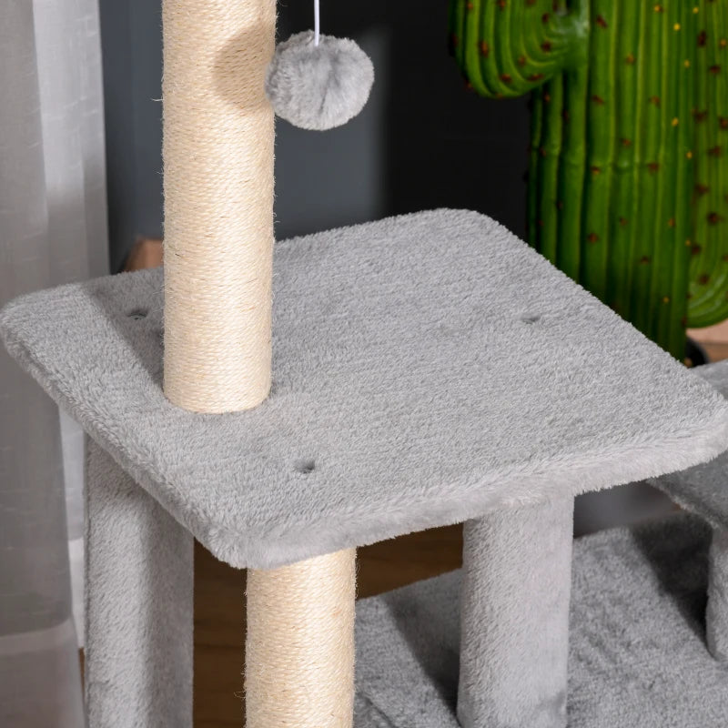 Light Grey Cat Tree Tower 114cm - Indoor Climbing Activity Centre for Kittens with Scratching Post, Perch & Hanging Ball