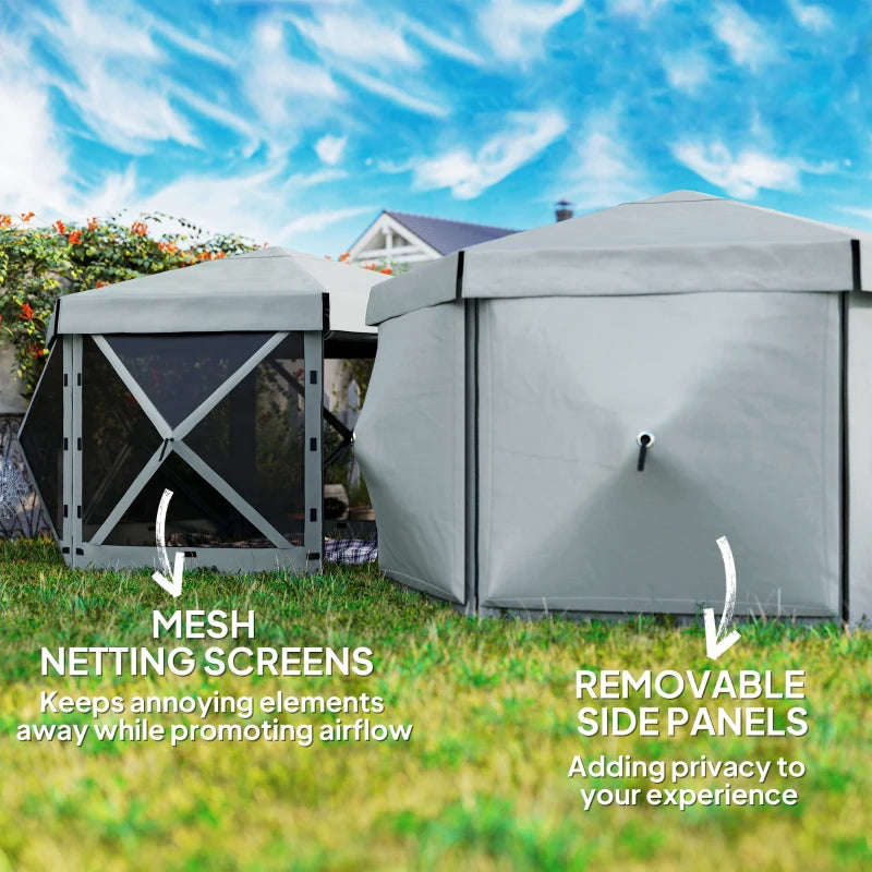 3x3m Hexagon Pop Up Gazebo - Waterproof, UV Resistant Party Tent with Netting - Light Grey Instant Event Shelter with Carry Bag