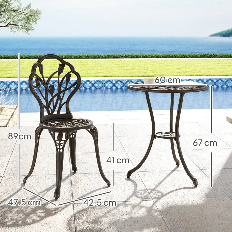 3 Piece Bronze Outdoor Patio Bistro Set for 2 - Aluminium Garden Table and Chairs with Umbrella Hole for Balcony