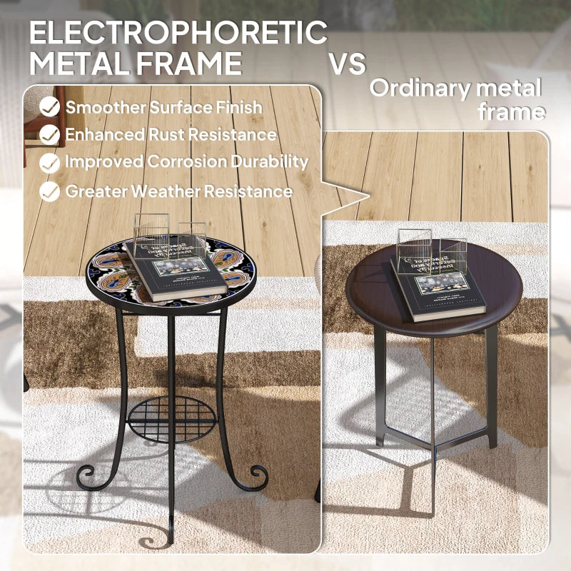 35.5 cm Round Orange Mosaic Garden Table - Ceramic Tile Top Outdoor Bistro Table with Shelf for Patio, Balcony, Indoor Use