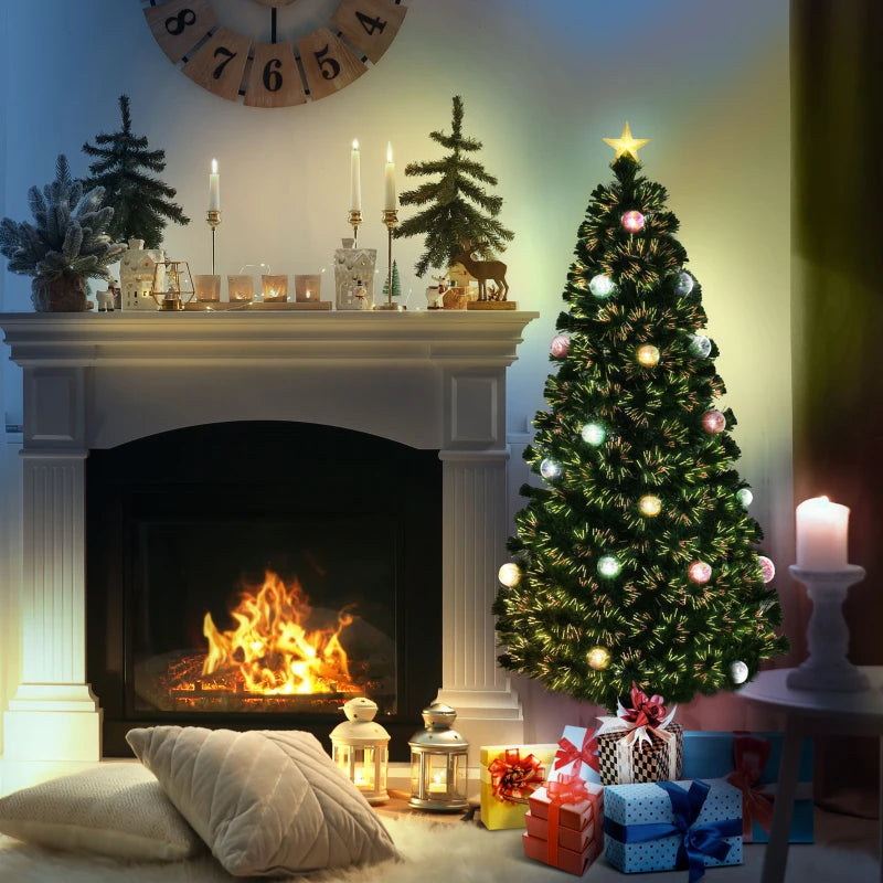 5FT Prelit Artificial Christmas Tree with Fiber Optics & Baubles - Festive Green Holiday Decor in Golden Pot