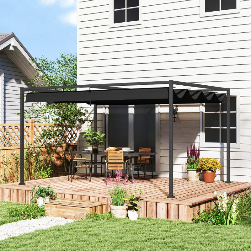 4m x 3m Black Metal Pergola with Retractable Canopy Roof