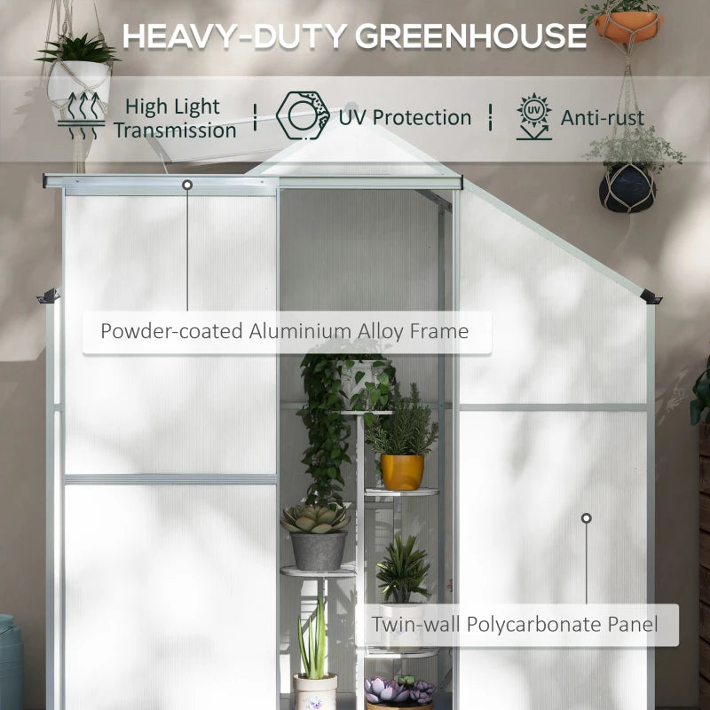 6x2.5ft Green Polycarbonate Walk-In Greenhouse with Rain Gutter, Sliding Door, Window, Foundation