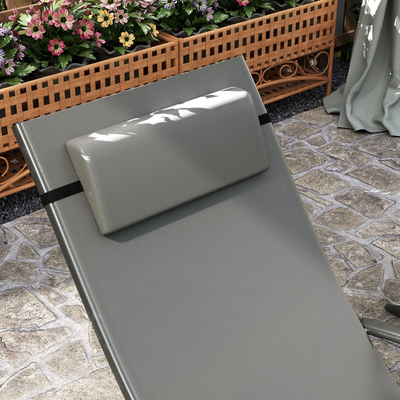 Set of 2 Grey Folding Sun Loungers - Adjustable 4 Position Outdoor Chaise Lounge Chairs with Armrests and Pillows - Steel Frame Sunbed Recliners for Garden, Patio, Beach and Poolside