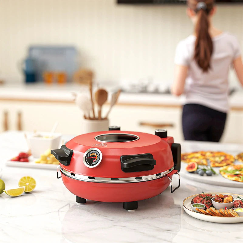 1200W Electric Pizza Oven - 12 Inch Maker with Viewing Window, Dual Temp Control, Timer & Overheat Protection - Red