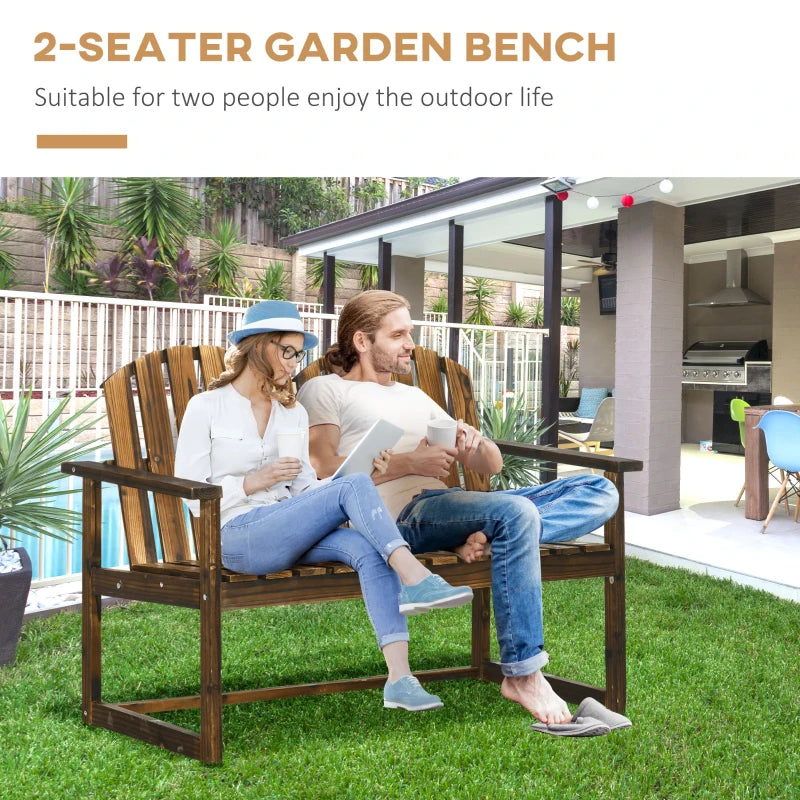 Carbonised Wooden Garden Bench for Two - Outdoor Loveseat Chair with Slatted Backrest and Armrests