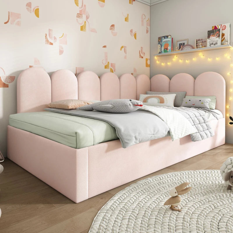 Pink Upholstered Daybed with Pull-Out Bed, 3FT Single Sofa Bed, Metal Slatted Frame, Easy Assembly, 193L x 97W x 76H cm