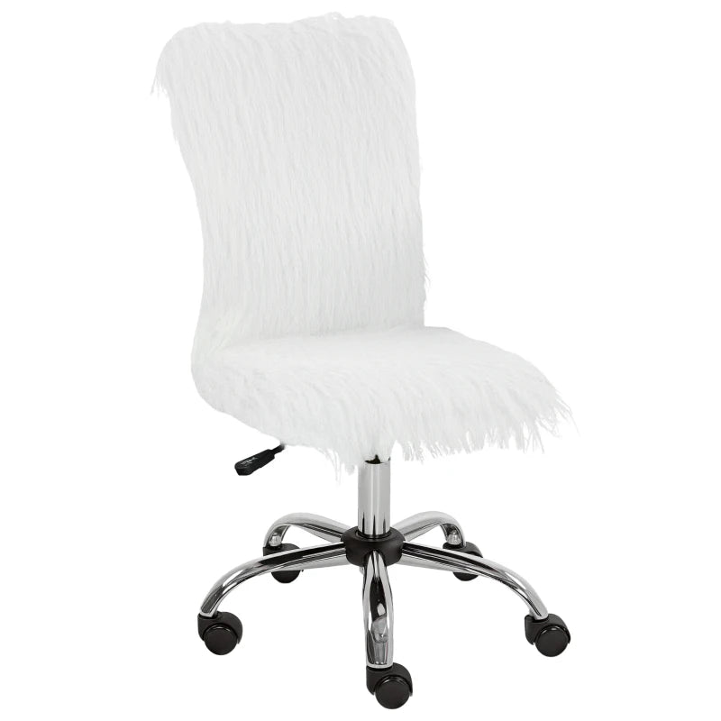 Modern White Plush Office Desk Chair - Armless Swivel Vanity Chair with Adjustable Height for Home, Bedroom & Living Room