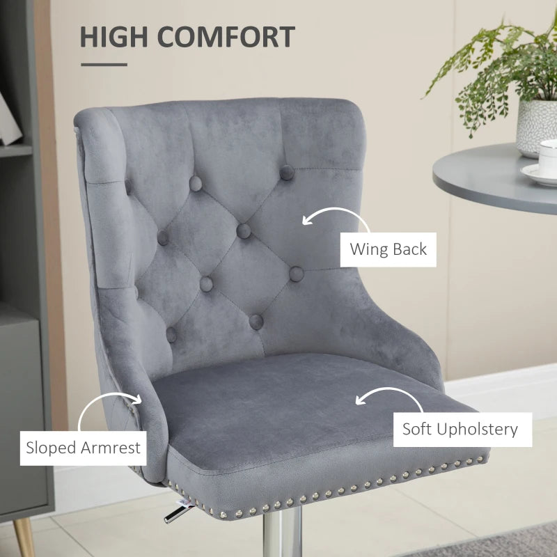 Modern Velvet Bar Stools Set of 2 - Adjustable Swivel Design with Button Tufted Back & Nailhead Trim, Grey