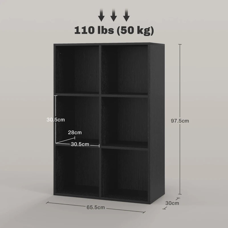 Stylish Six-Cube Bookcase in Black Wood Effect - Modern Storage Solution for Home or Office Organization
